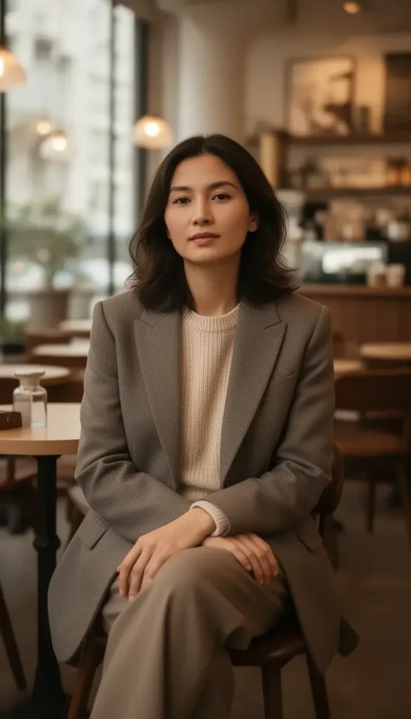Woman balancing a structured blazer with a soft knit top