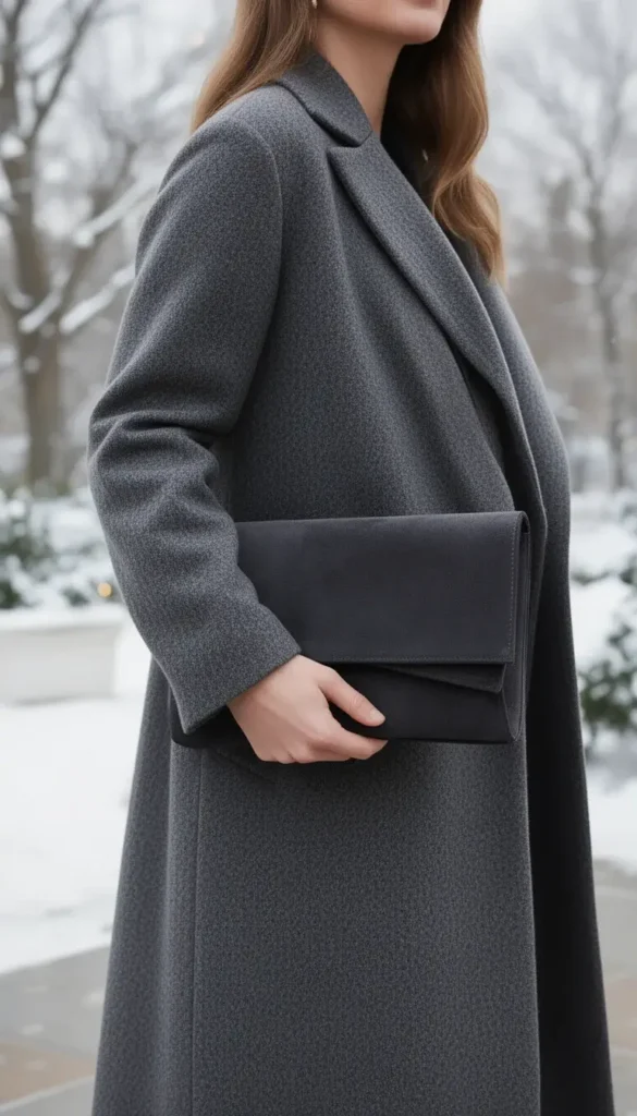 Structured suede clutch paired with a wool coat for a winter event