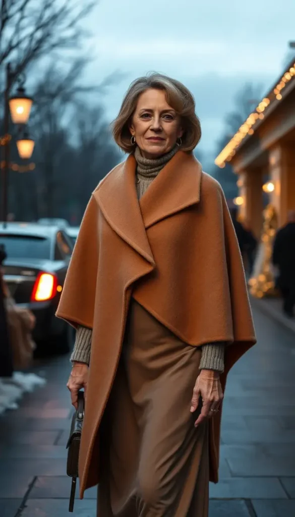 Wool cape worn over a formal winter outfit