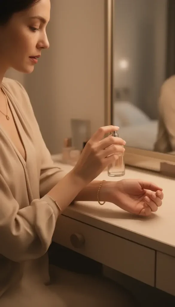 Woman applying perfume subtly to her wrist