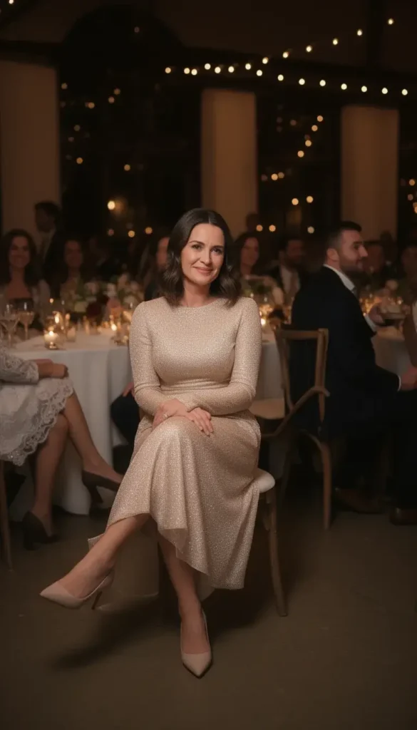 Winter wedding guest wearing a subtle shimmer midi dress for an evening reception