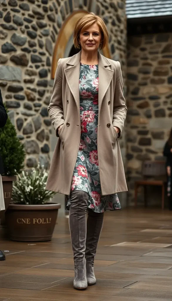 Taupe suede knee high boots paired with a floral midi dress at a winter wedding