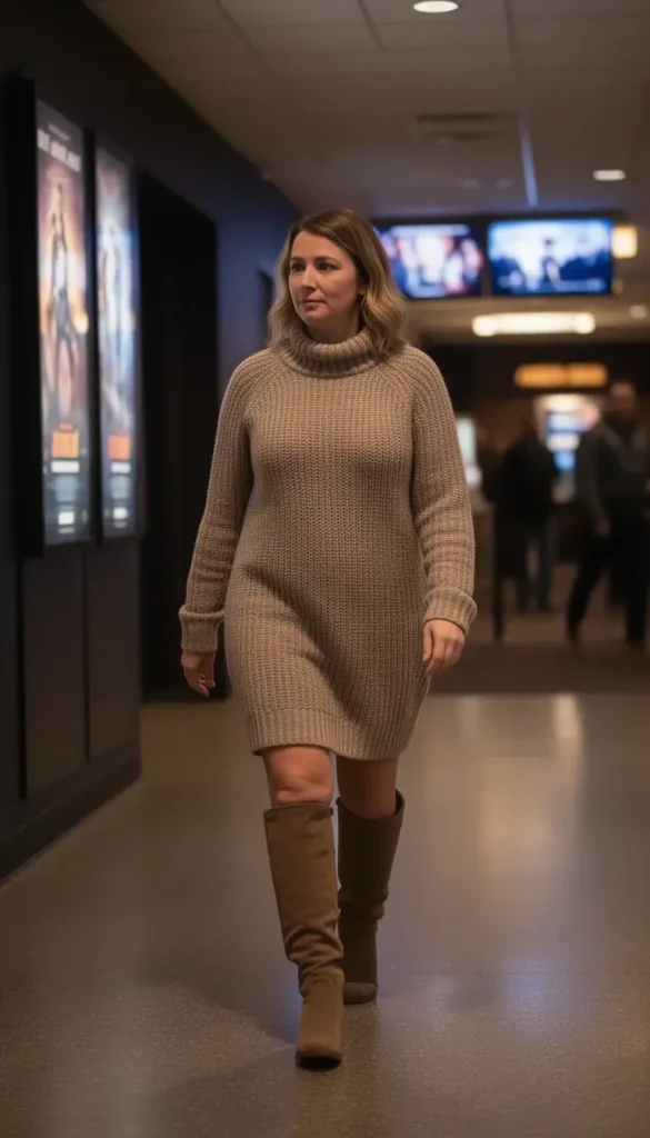 Sweater dress styled with knee high boots for a winter date