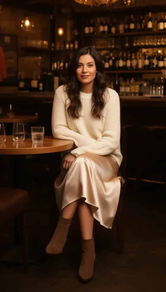 Soft sweater and midi skirt outfit for a cozy Valentine’s Day date