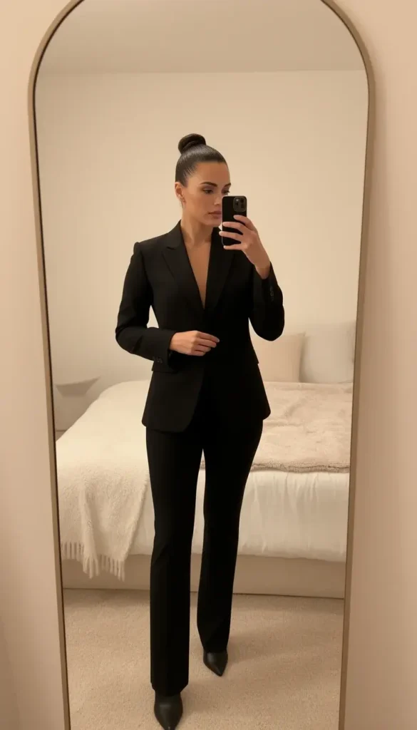 Woman wearing a perfectly fitted black blazer adjusting it in a mirror