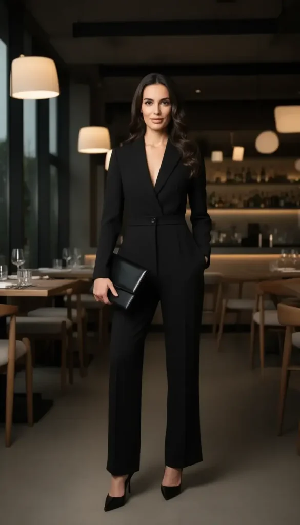 Tailored black jumpsuit styled for a modern Valentine’s Day date