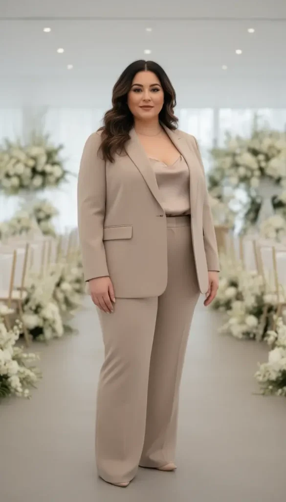 Curvy woman wearing a tailored suit to a wedding