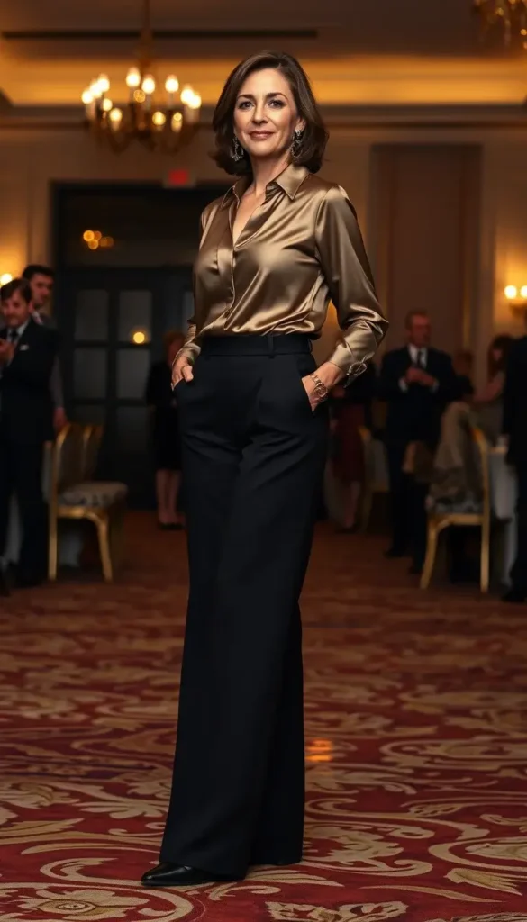 Tailored wide leg trousers styled for a formal winter event