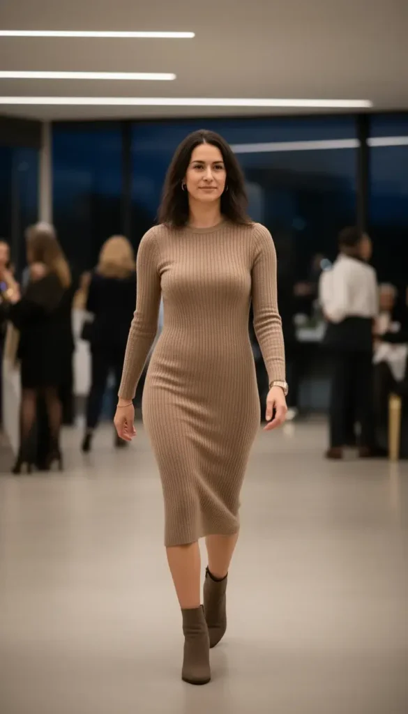 Woman wearing a structured taupe knit midi dress in winter evening lighting