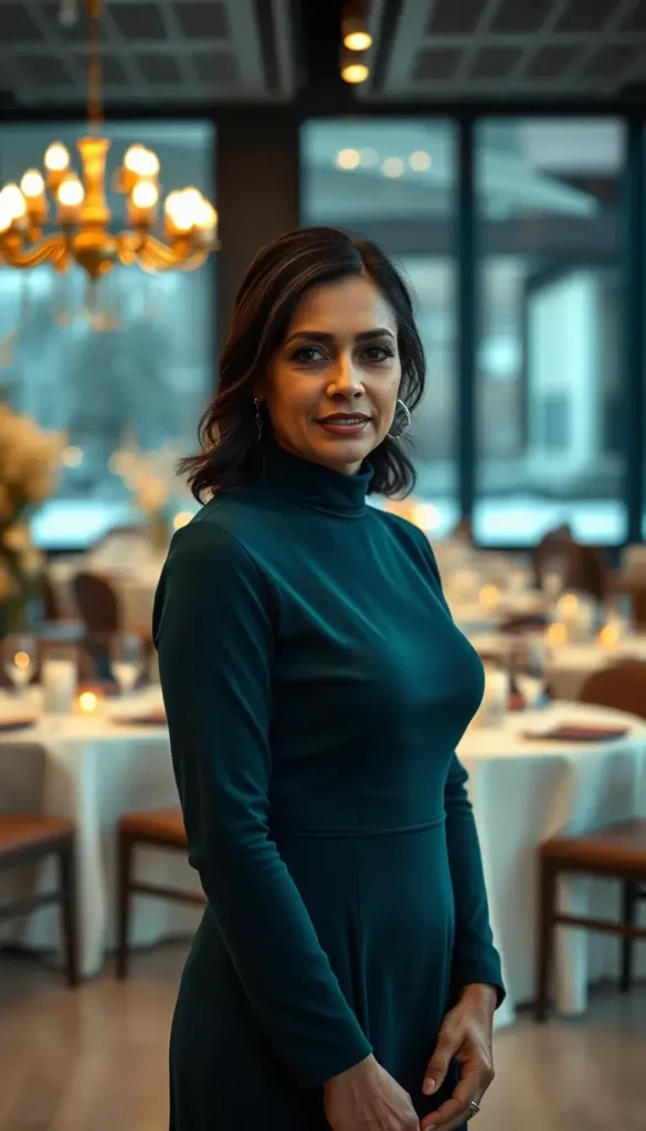 Teal mock neck midi dress for a winter cocktail wedding