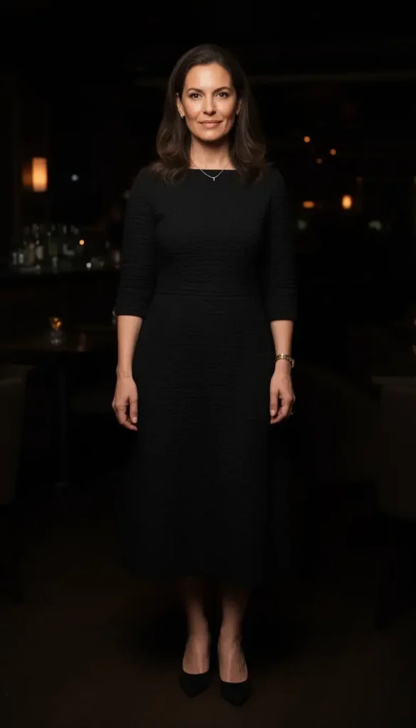 Woman over 30 wearing a textured black dress for evening