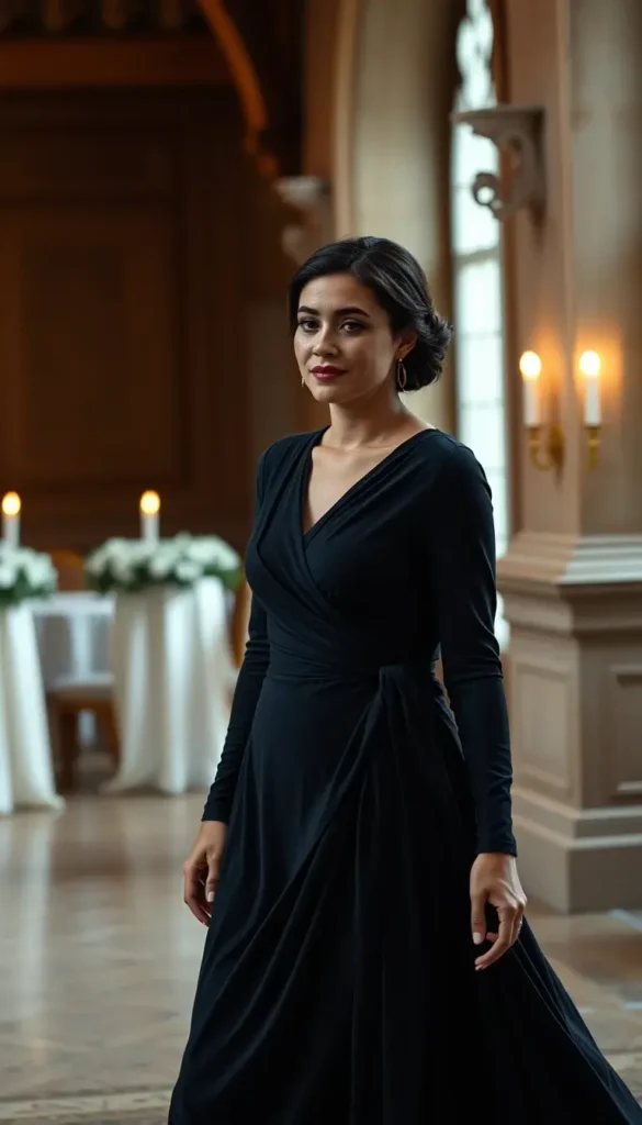 Textured black wrap dress worn to a winter cocktail wedding
