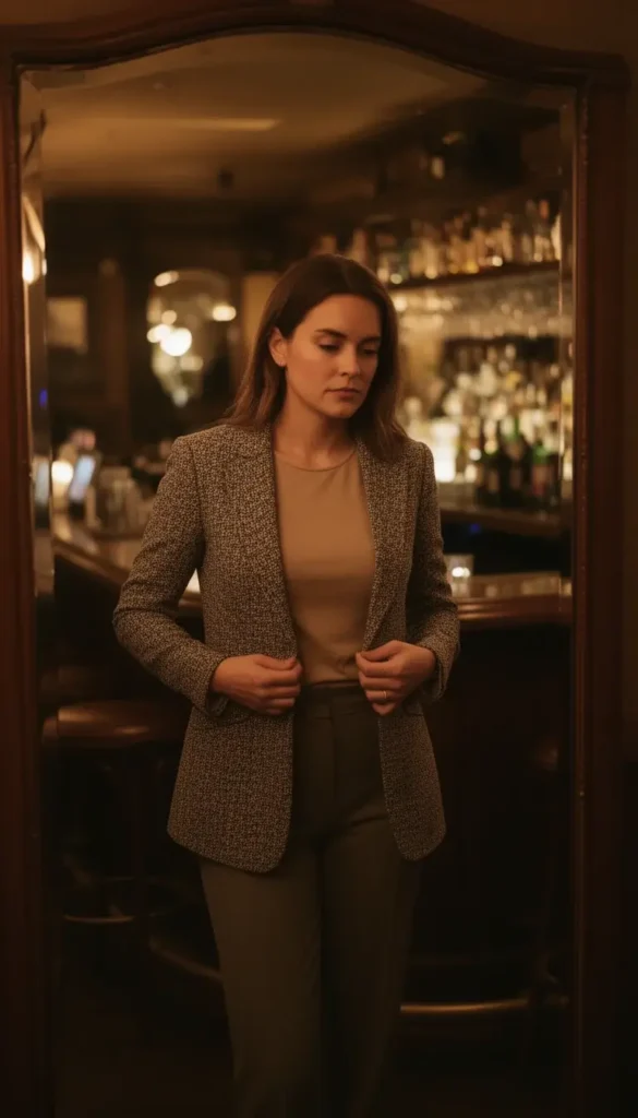 Textured blazer layered over a simple outfit for winter date night