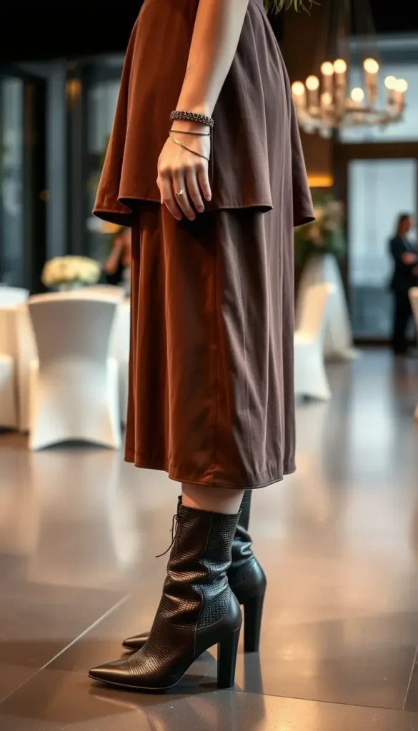 Textured leather dress boots styled with a minimalist dress for a winter wedding