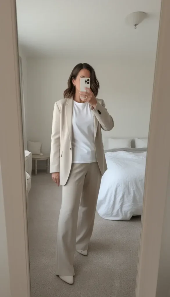 Woman adding a blazer as a third piece to her outfit