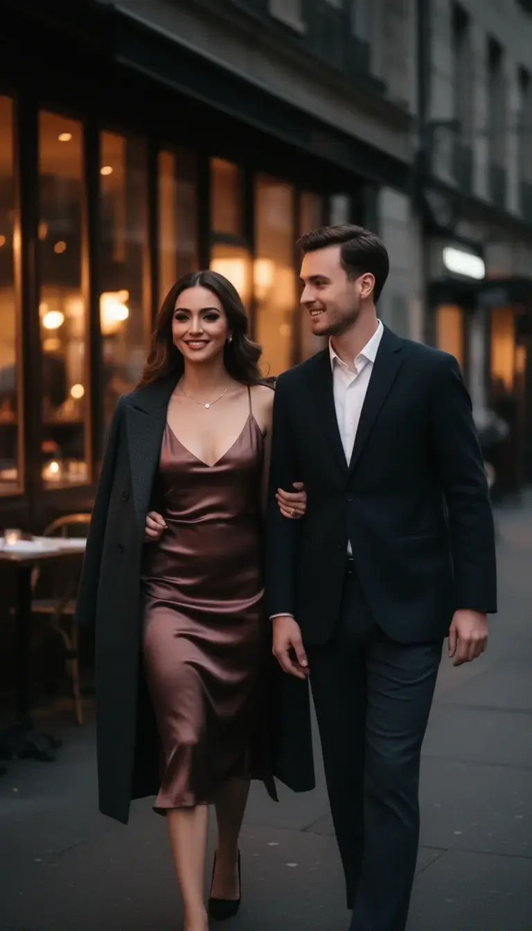 Couple dressed in elegant evening outfits walking together for a Valentine’s Day date night