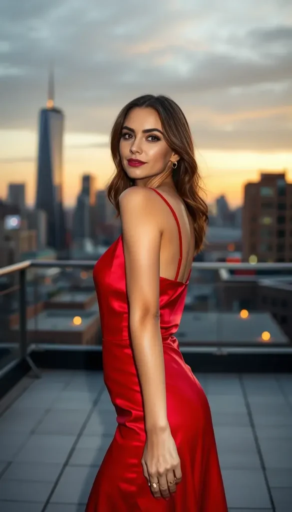 Woman wearing a red satin midi dress styled for Valentine’s Day on a city rooftop