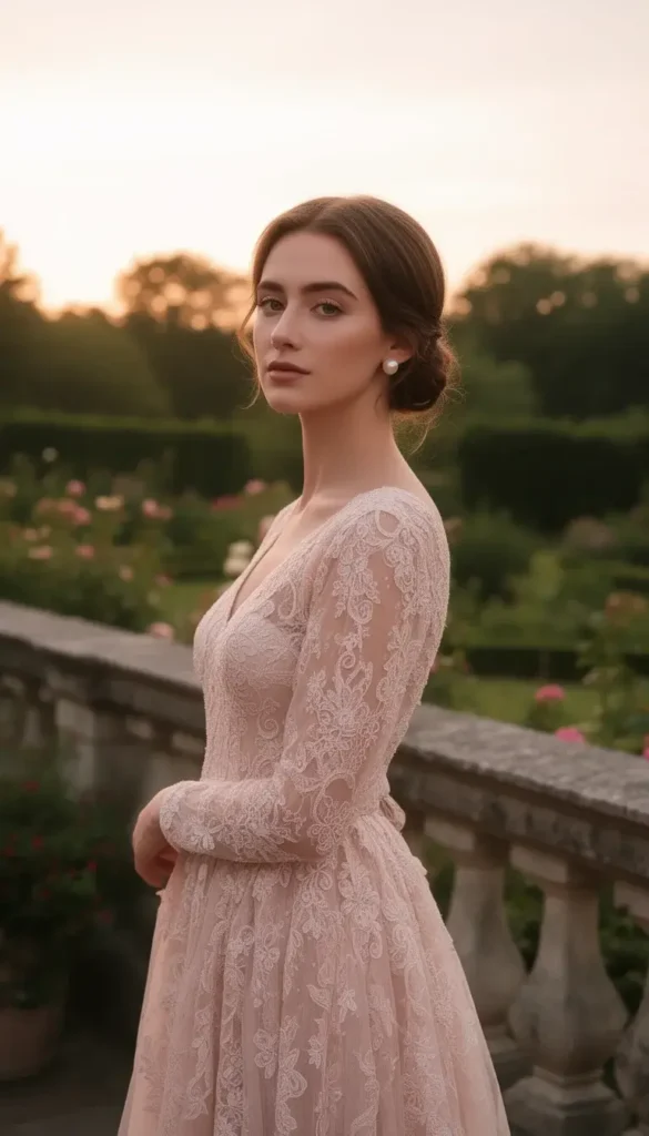 Woman in blush lace gown on terrace