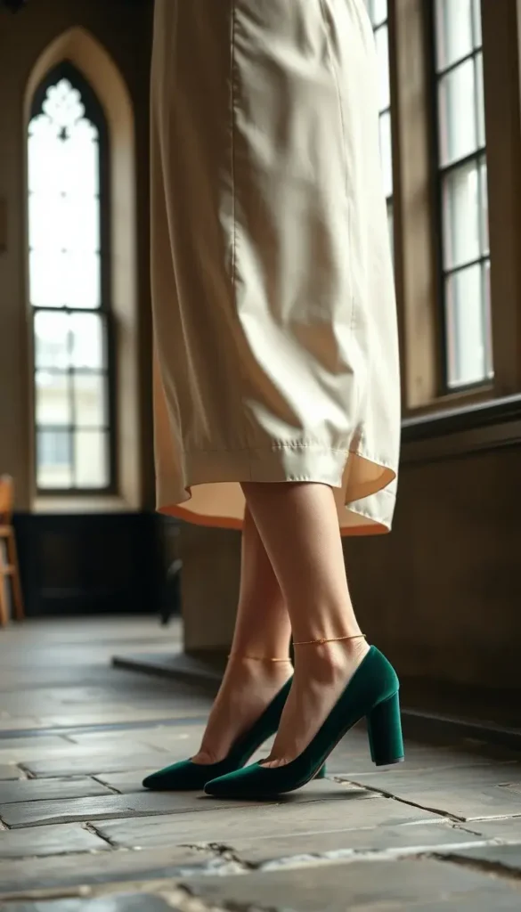Emerald velvet block heel pumps styled with a champagne midi dress at a winter wedding