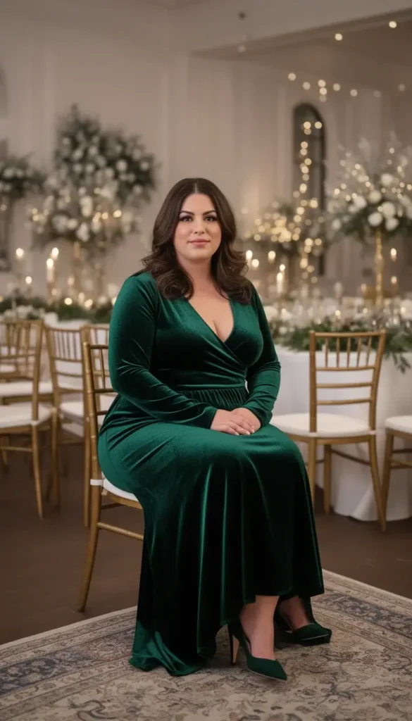 Curvy woman wearing a velvet dress at a winter wedding