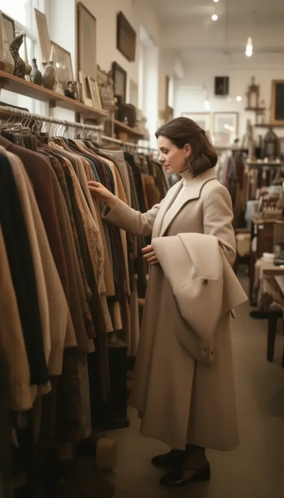 Woman browsing vintage clothing in a curated thrift store
