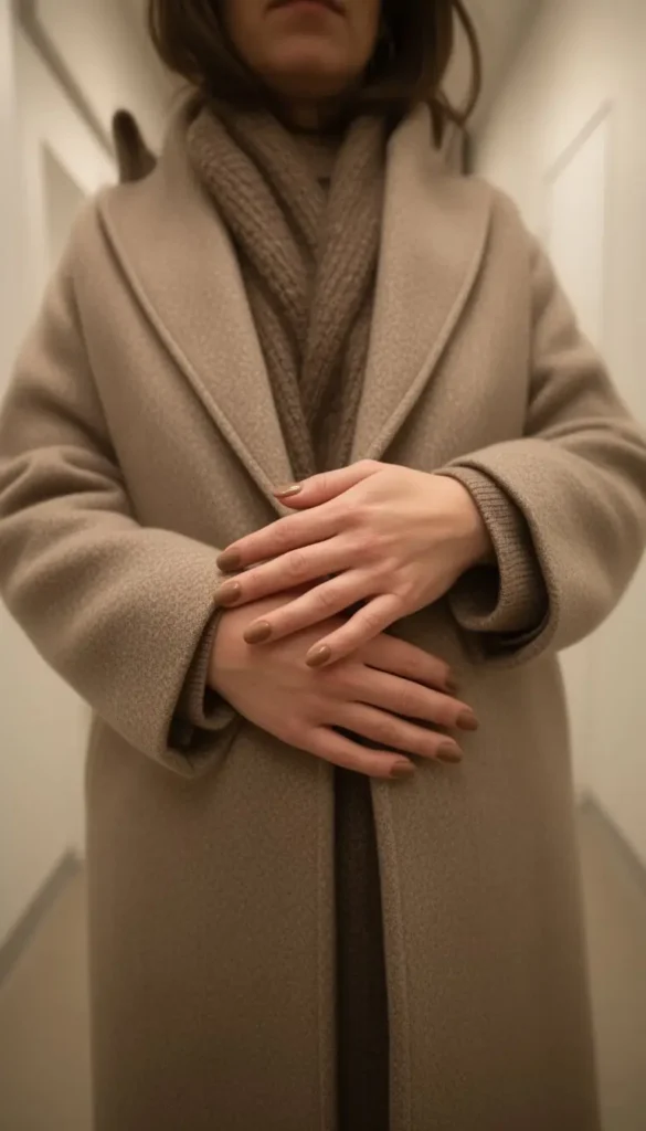 Warm taupe nail color styled with tonal winter layers