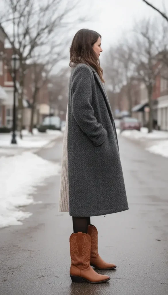 Western style ankle boots worn with a knit dress in winter