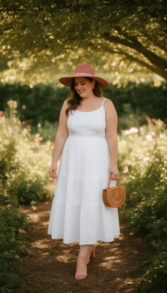 Woman in a white eyelet midi dress and dusty rose hat standing in a shaded Derby garden setting