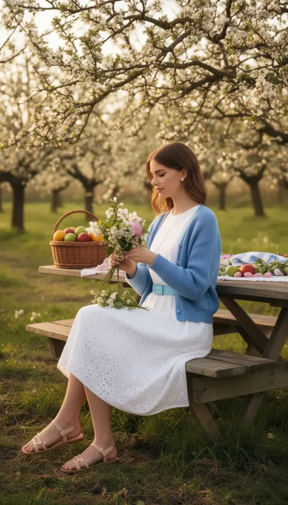 Young woman in a white eyelet floral midi dress with baby blue belt and cardigan, arranging flowers at a picnic table