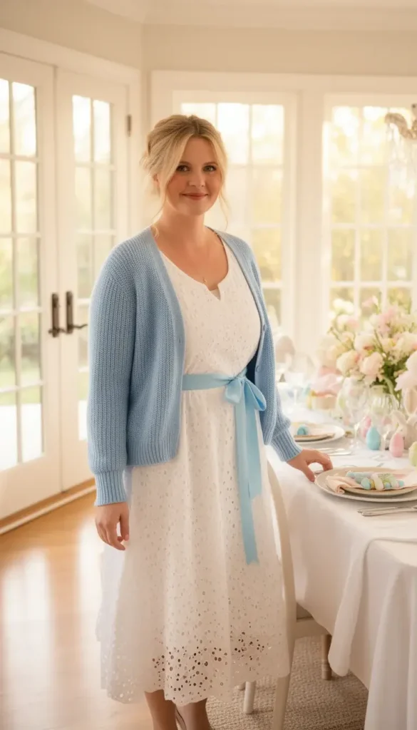 Woman in a white eyelet midi dress with a baby blue ribbon belt and matching cardigan standing beside an Easter brunch table