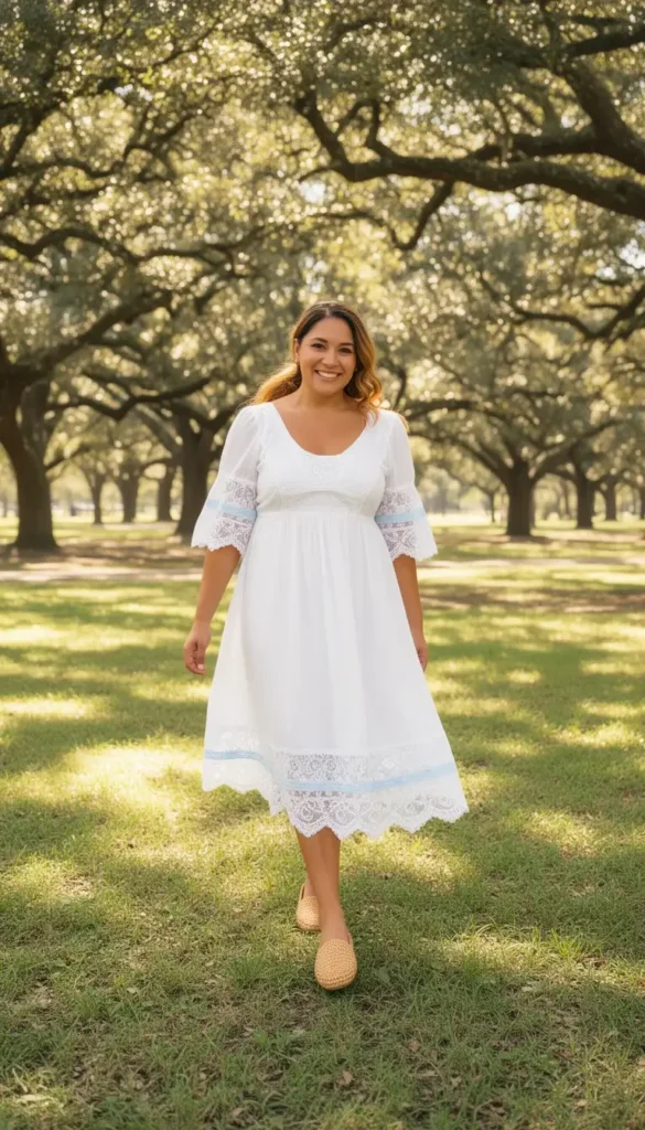 Woman in a white lace-trimmed midi dress with baby blue accents and woven flats walking through a sunlit park