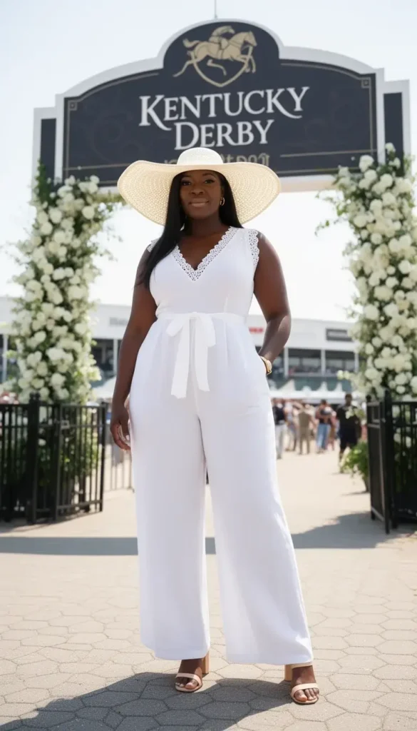 Tall curvy Black woman in a white linen wide-leg jumpsuit and ivory statement hat at the Kentucky Derby
