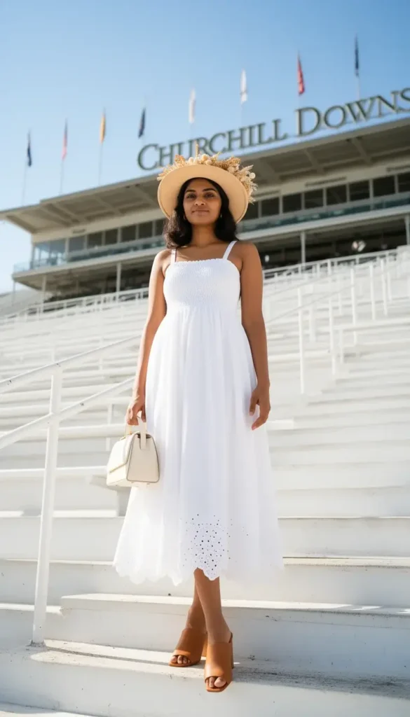 South Asian woman in a white smocked sundress and ivory straw hat standing on Derby grandstand steps