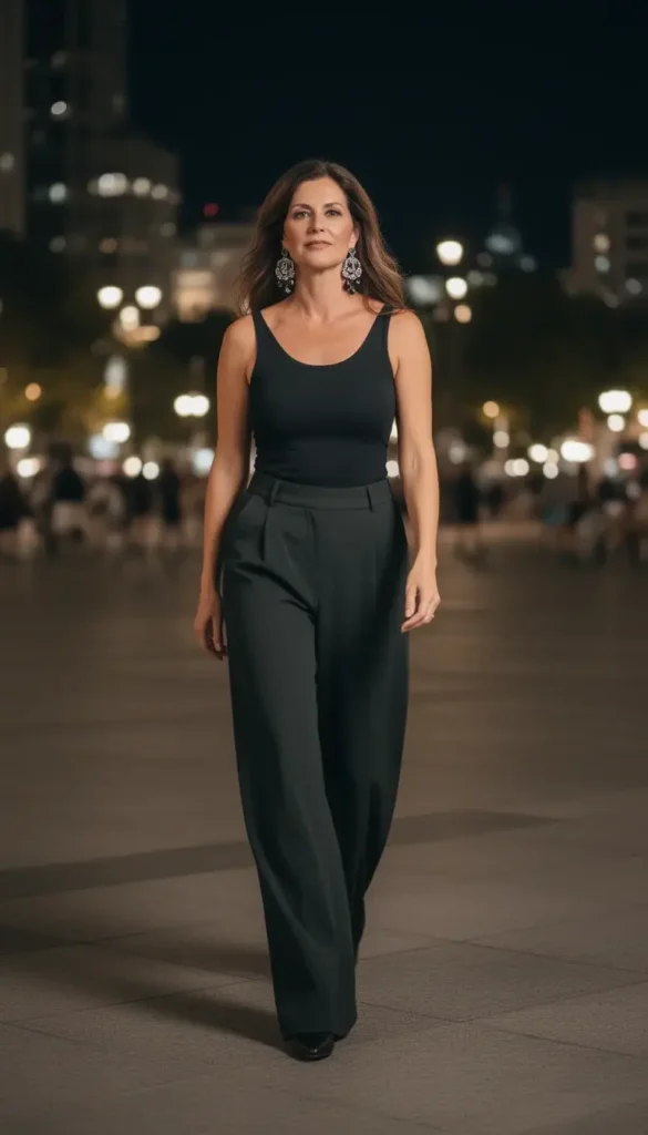 Woman over 30 wearing wide leg trousers for a night out