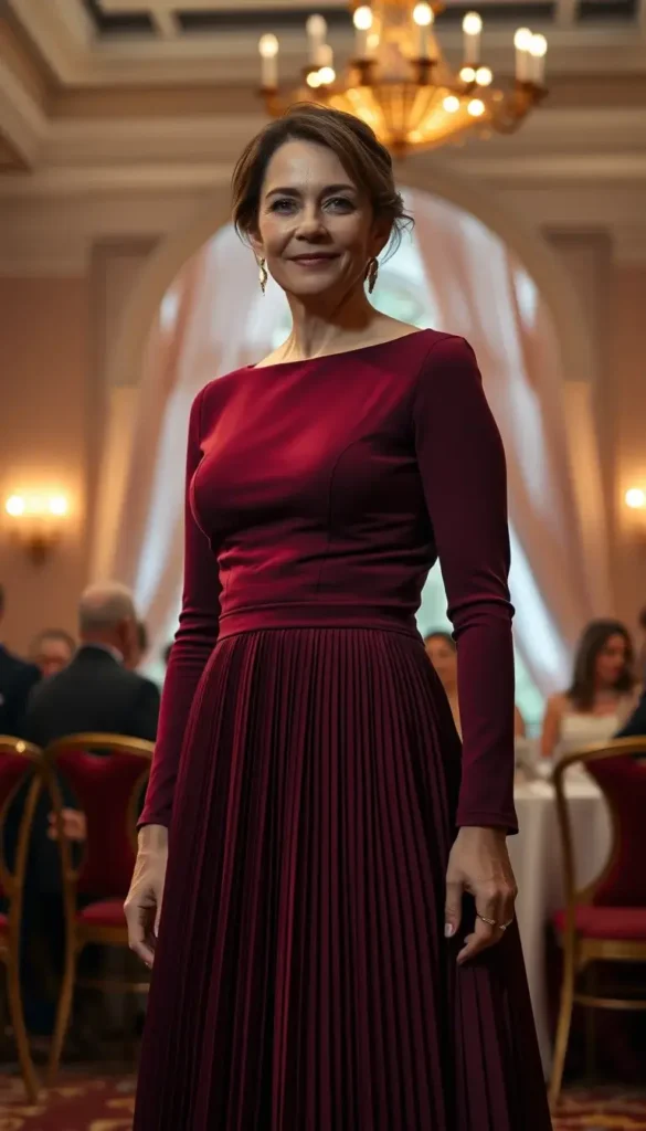 Wine colored pleated midi dress worn to a winter cocktail wedding