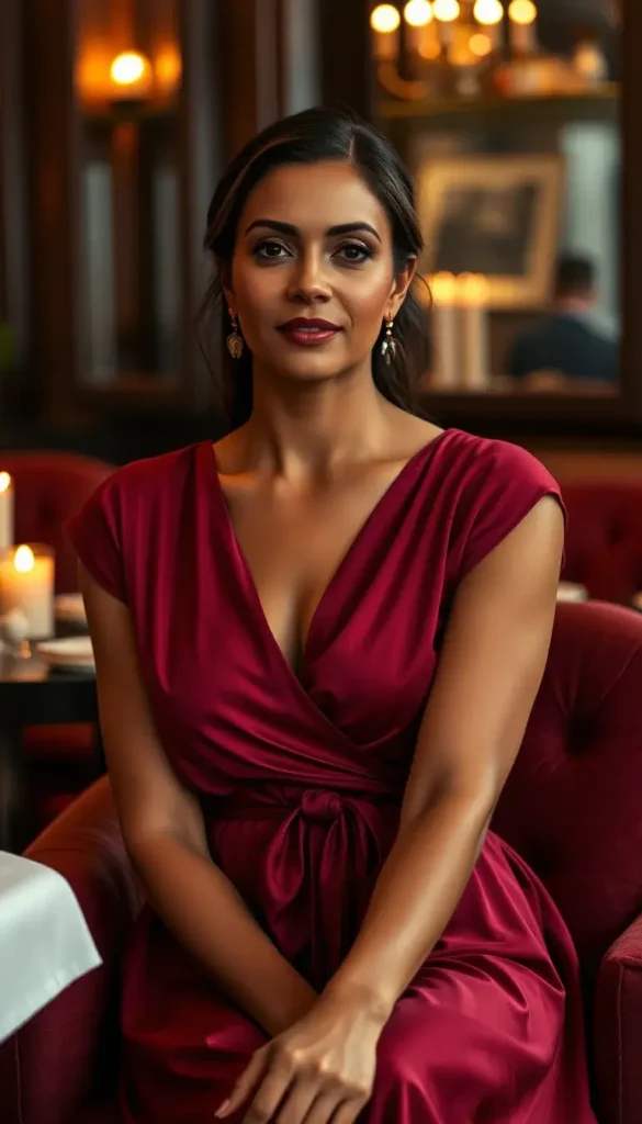 Woman wearing a wine-colored wrap dress for a Valentine’s Day evening