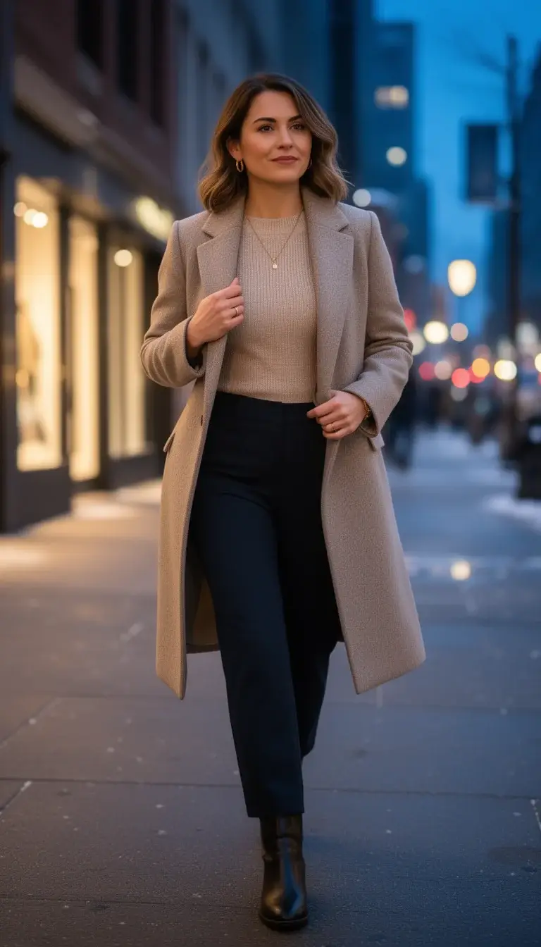 Woman in a tailored winter outfit walking through a city at night, styled for a winter date night