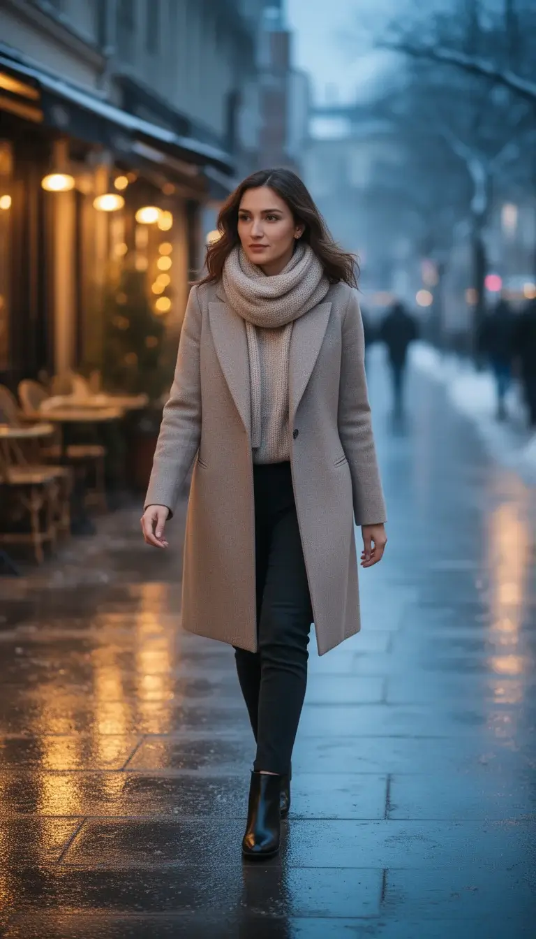 Woman in a wool coat and flat ankle boots walking on a winter evening date in the city