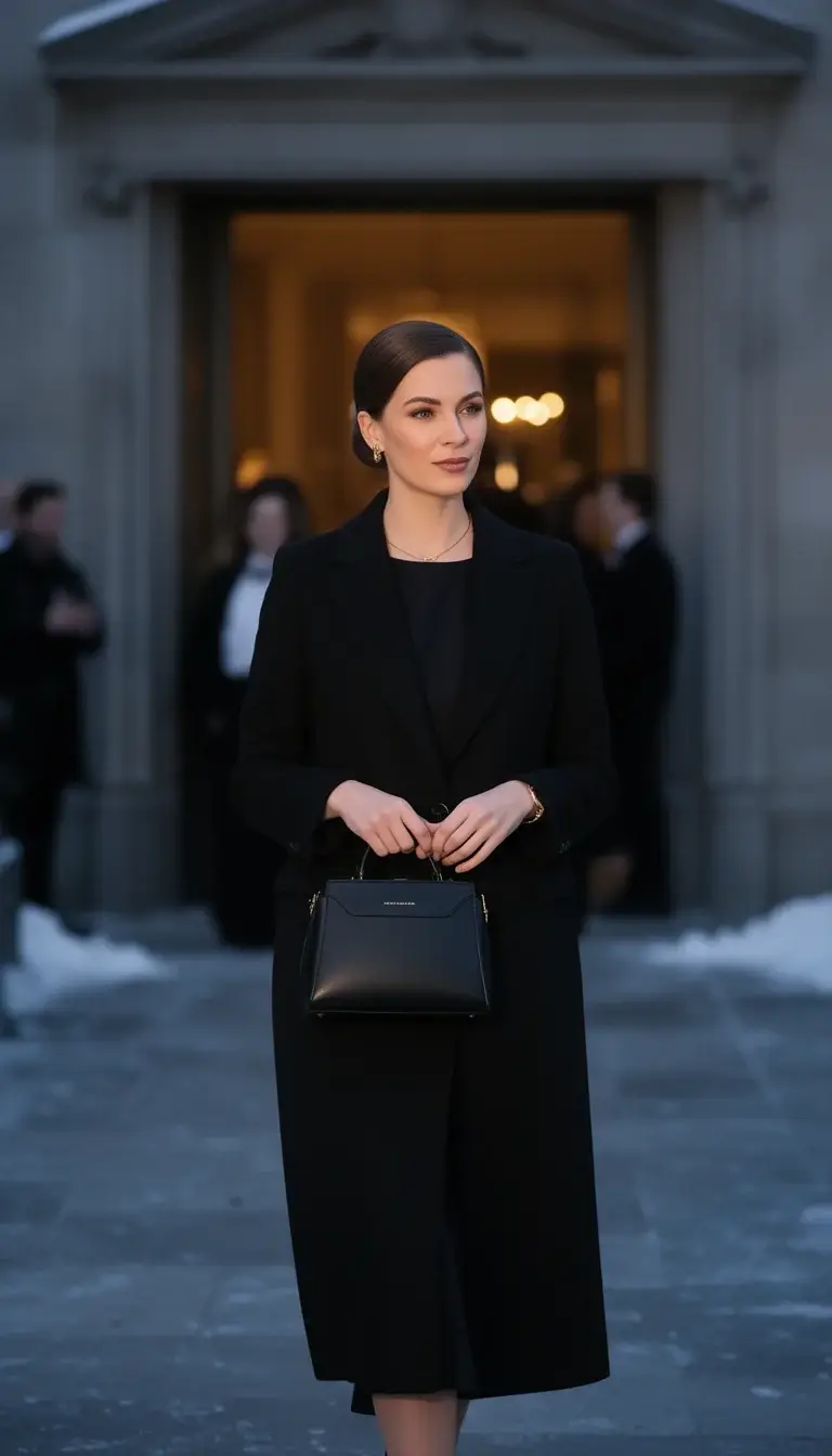 Woman arriving at a winter evening event carrying a structured black handbag and wearing a tailored coat
