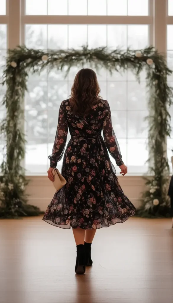 Guest in a long sleeve floral wrap dress at a semi formal winter wedding