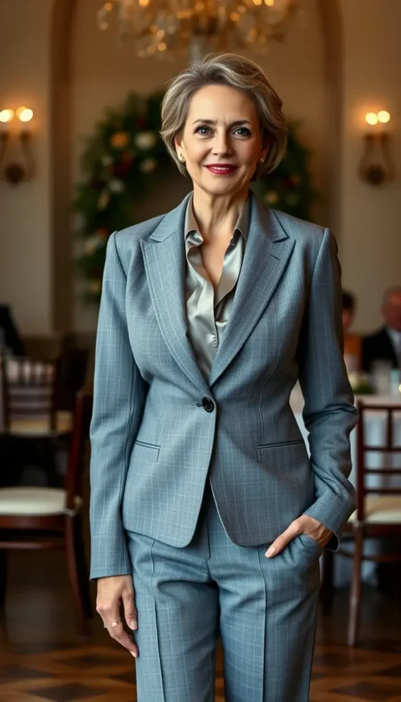 Tailored suit with silk blouse styled for a winter wedding guest.