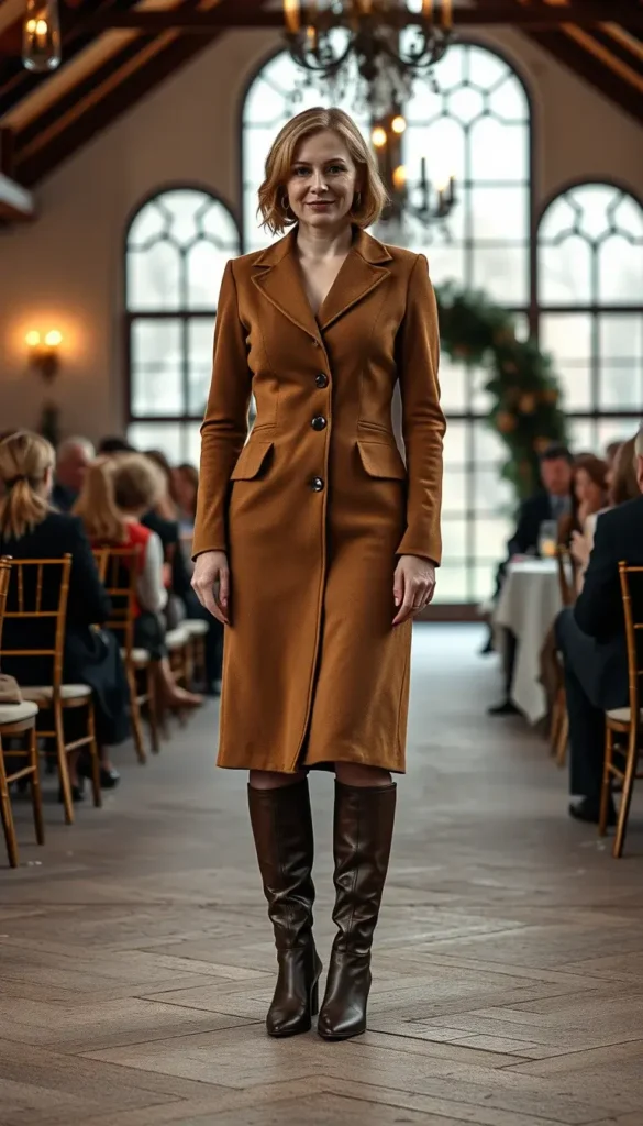 Wool midi dress styled with knee-high boots