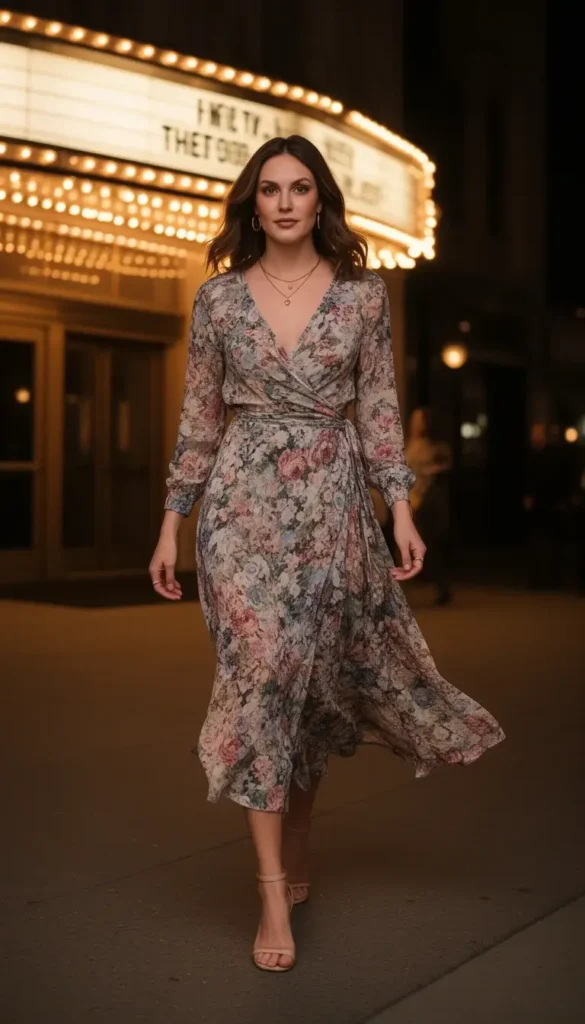 Floral wrap dress styled for an elegant Valentine’s Day evening out