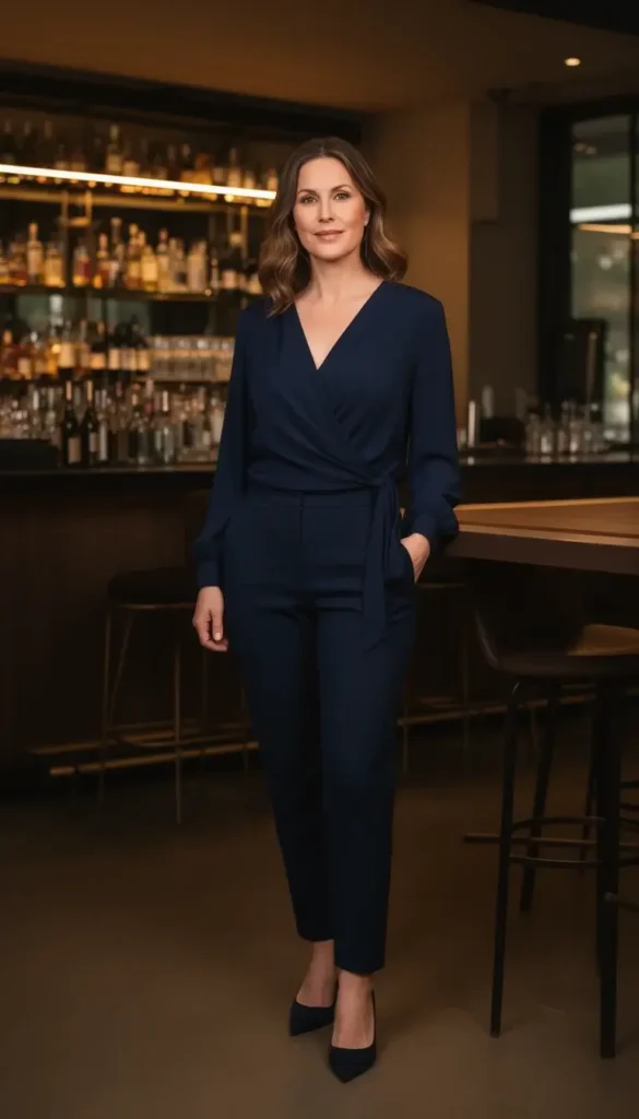 Woman over 30 wearing a wrap top and tailored trousers