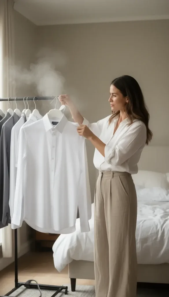 Woman steaming a white shirt before getting dressed