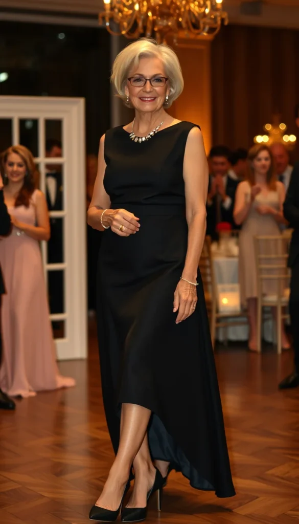  Classic black dress styled for a wedding guest over 40.

