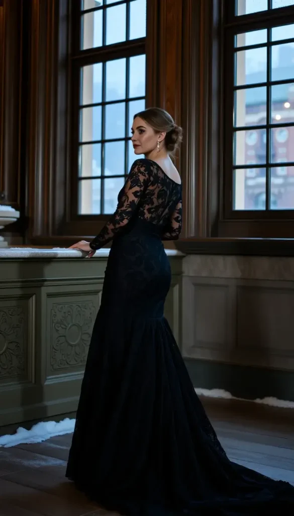 Black lace long sleeve gown for winter black tie wedding guest
