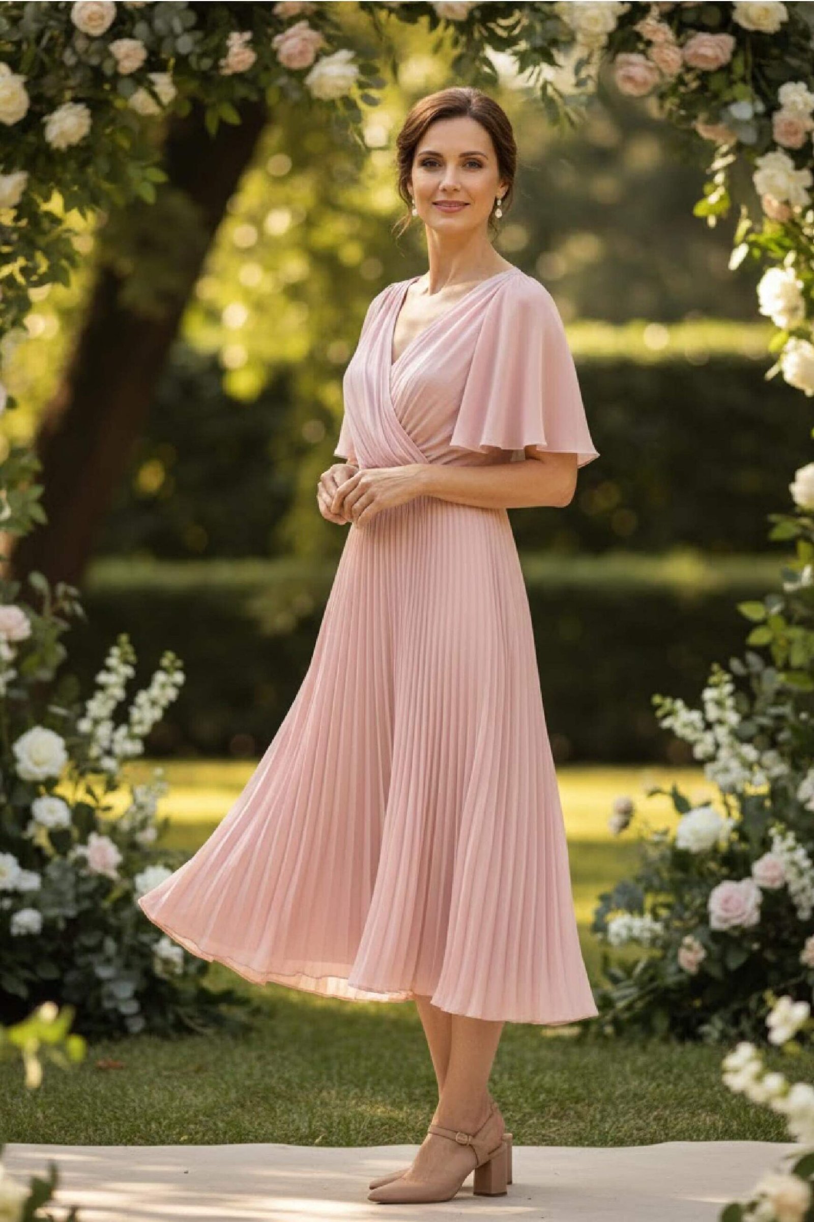 Blush midi dress styled with block heels for a summer garden wedding.
