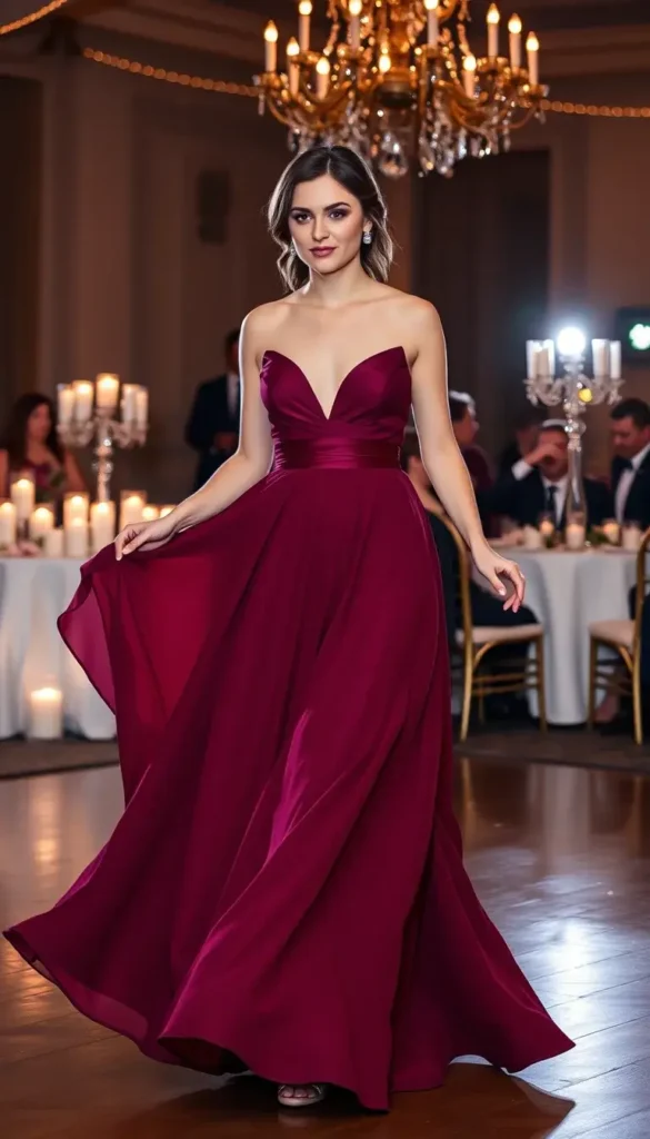  Burgundy floor length dress for winter black tie wedding guest
