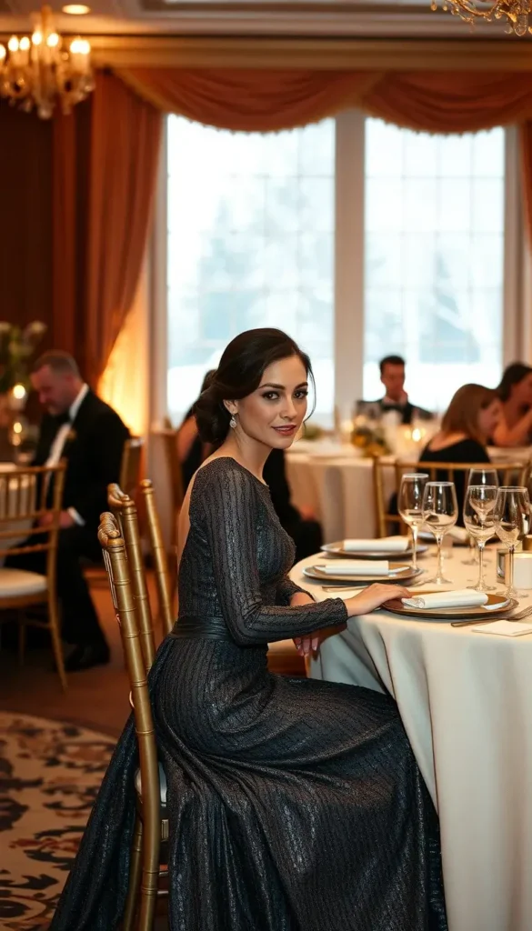 Charcoal metallic long sleeve gown for winter black tie wedding
